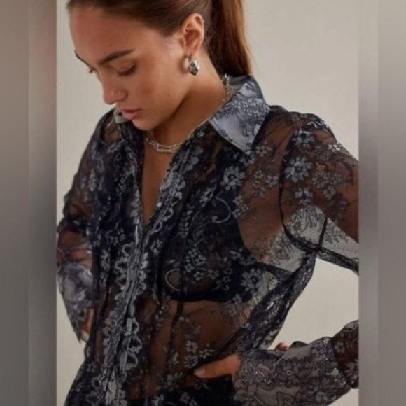 Anthropologie Maeve Womens Button Down Blouse‎ Black XS lace sheer NWT - Picture 14 of 14